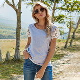 2021 Spring and Summer New Female Body-fitting Solid Color Pullover Loose Round Neck Top Lace Short-sleeved T-shirt Sai Feel